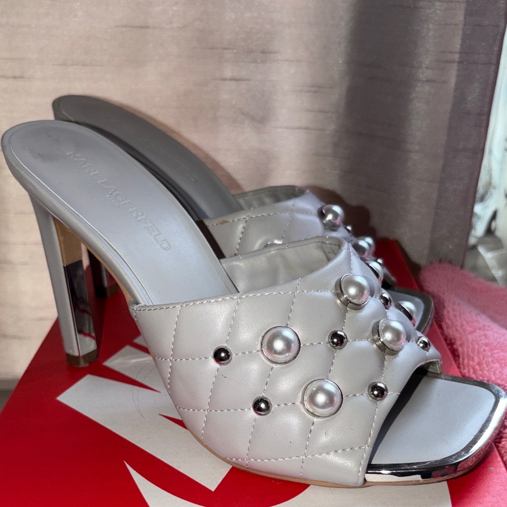 Karl Lagerfeld Silver Heeled Mules with Pearl Details